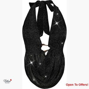 Sequin Halter Top V-Neck Tie Back Backless Crop Top